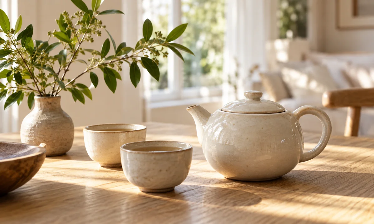 Editorial illustration of curated ceramic tea ware
