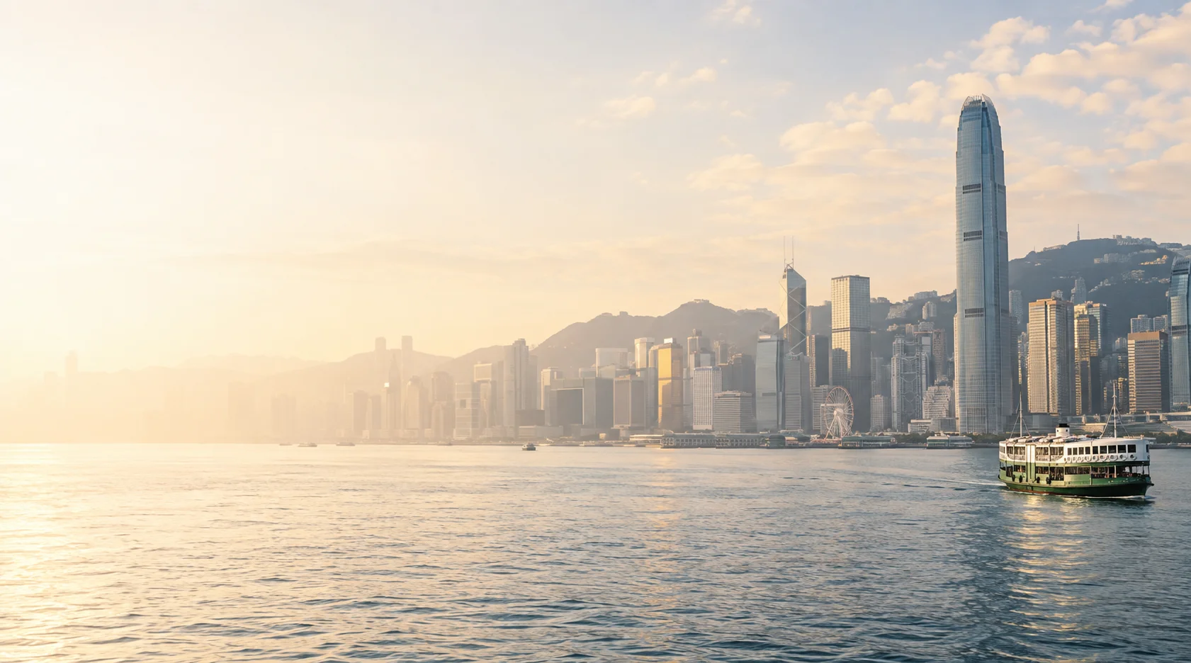 Editorial illustration of Hong Kong’s Victoria Harbour at sunrise