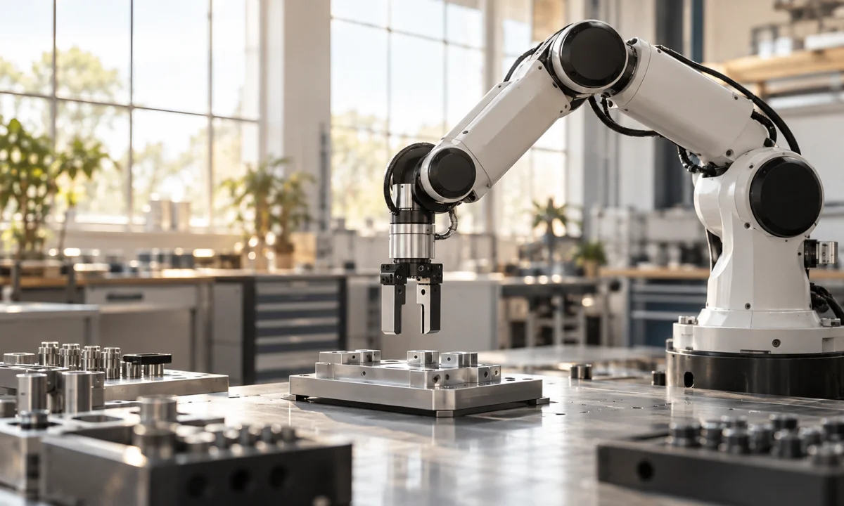 Editorial illustration of an industrial robotic arm